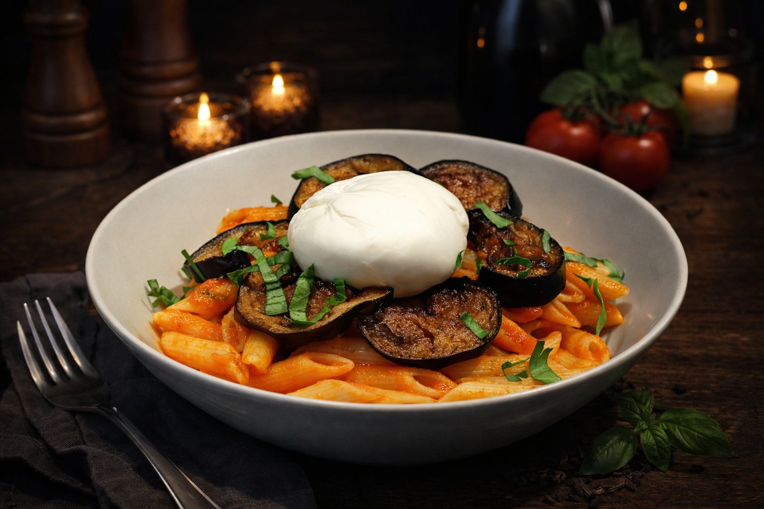 Pâtes burrata et aubergines sauce napolitaine - ALLEGRIA Paris