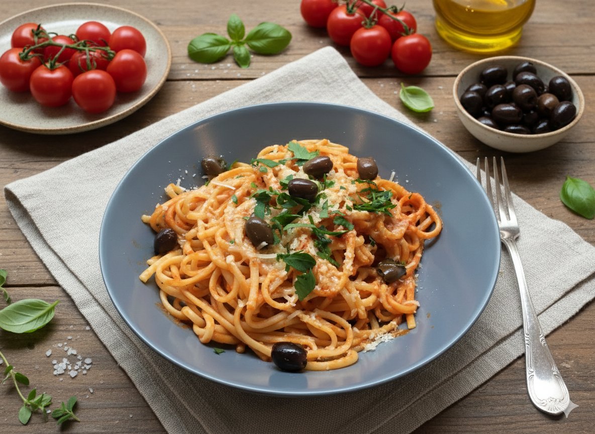 Pâtes sauce napolitaine olives leccino de Toscane - ALLEGRIA